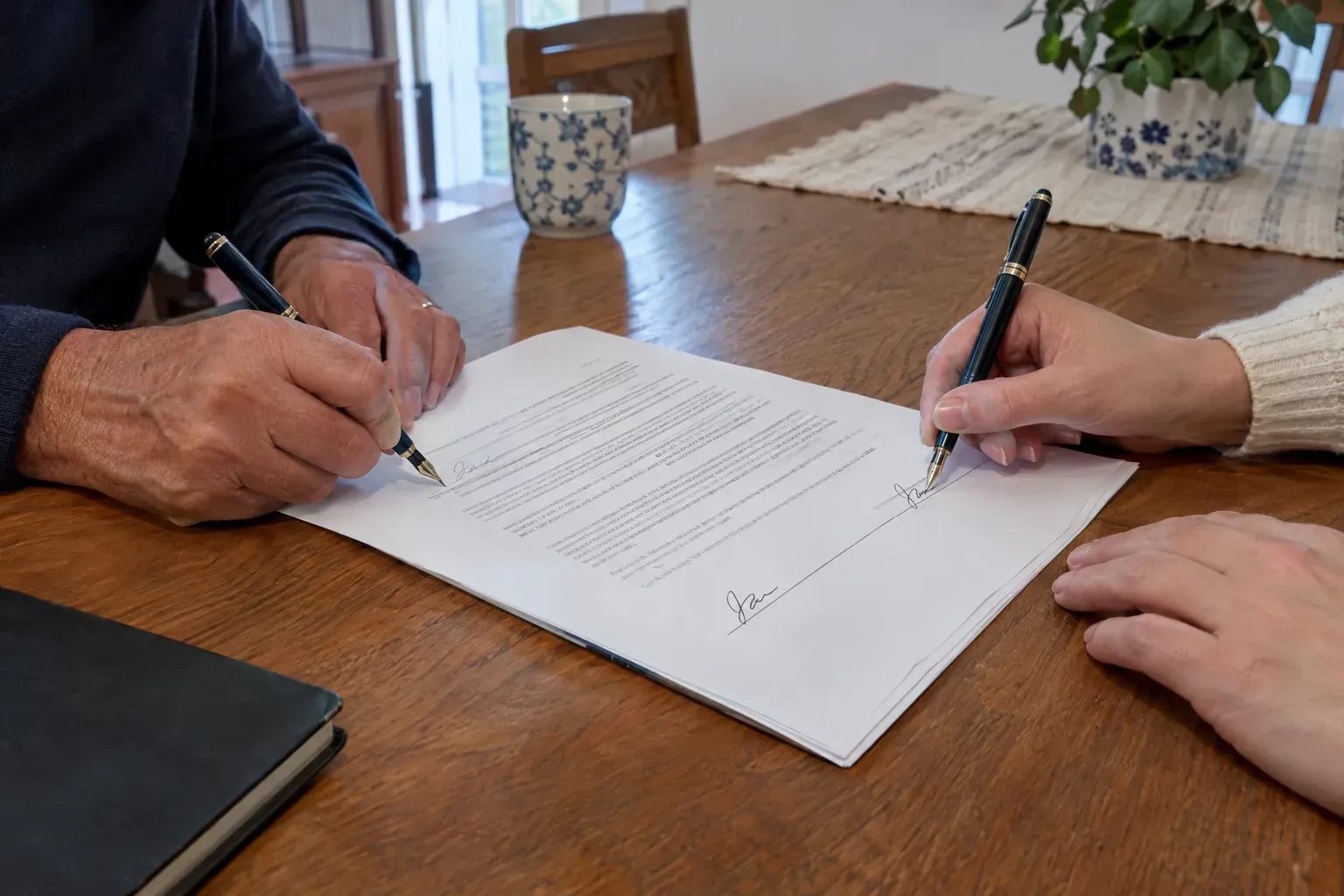 Mãos a assinar um documento com caneta de tinta, sobre uma mesa de madeira.