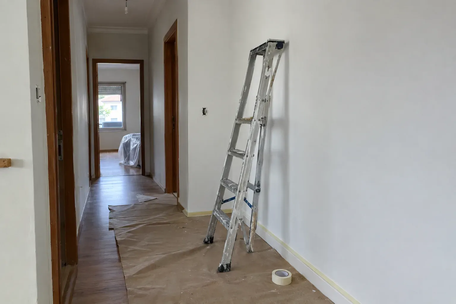 Corredor de uma casa em obra, com uma escada encostada a uma parede recém-pintada.