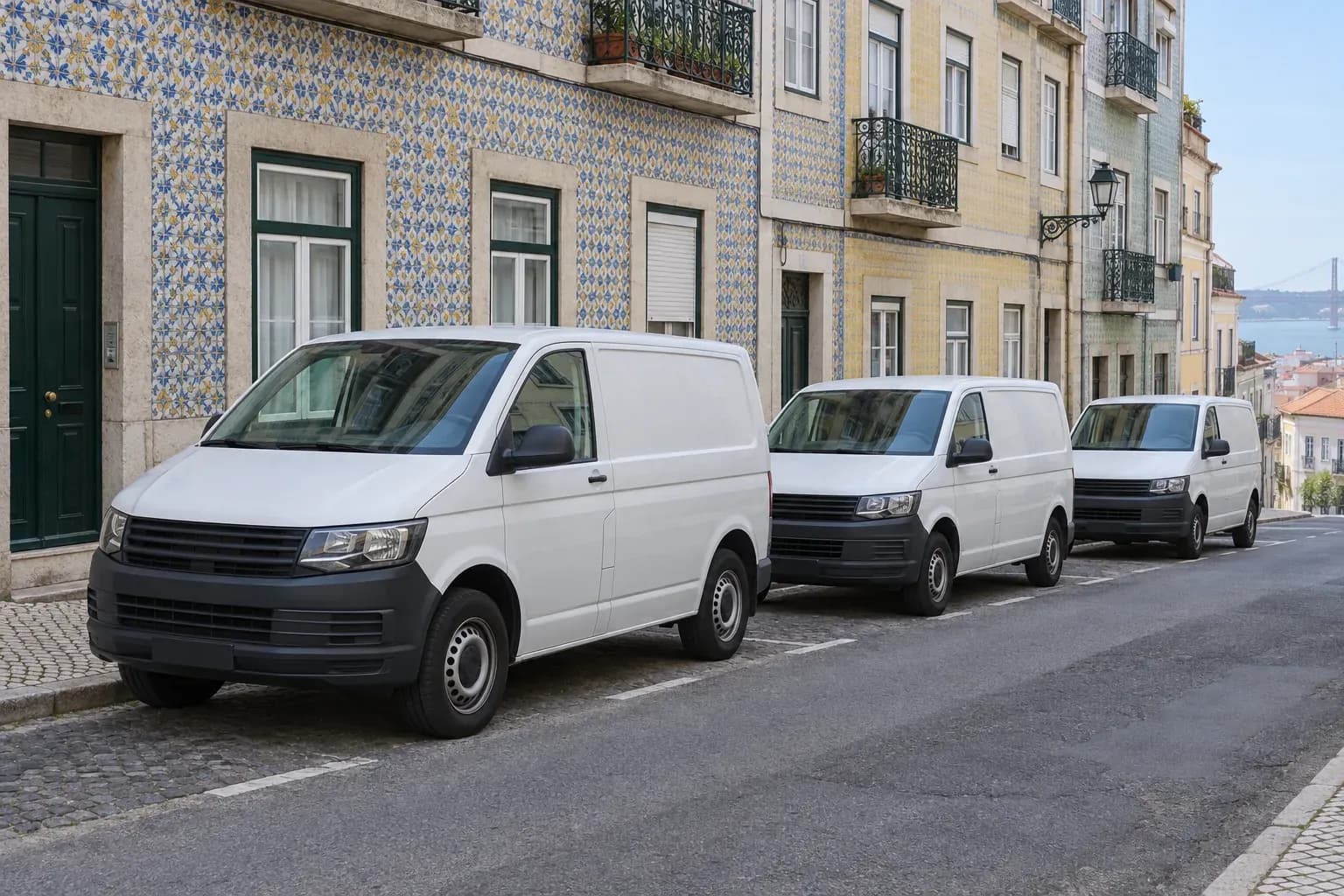 Três carrinhas de caixa brancas, sem marca, estacionadas numa rua de Lisboa com prédios de fachada de azulejo.