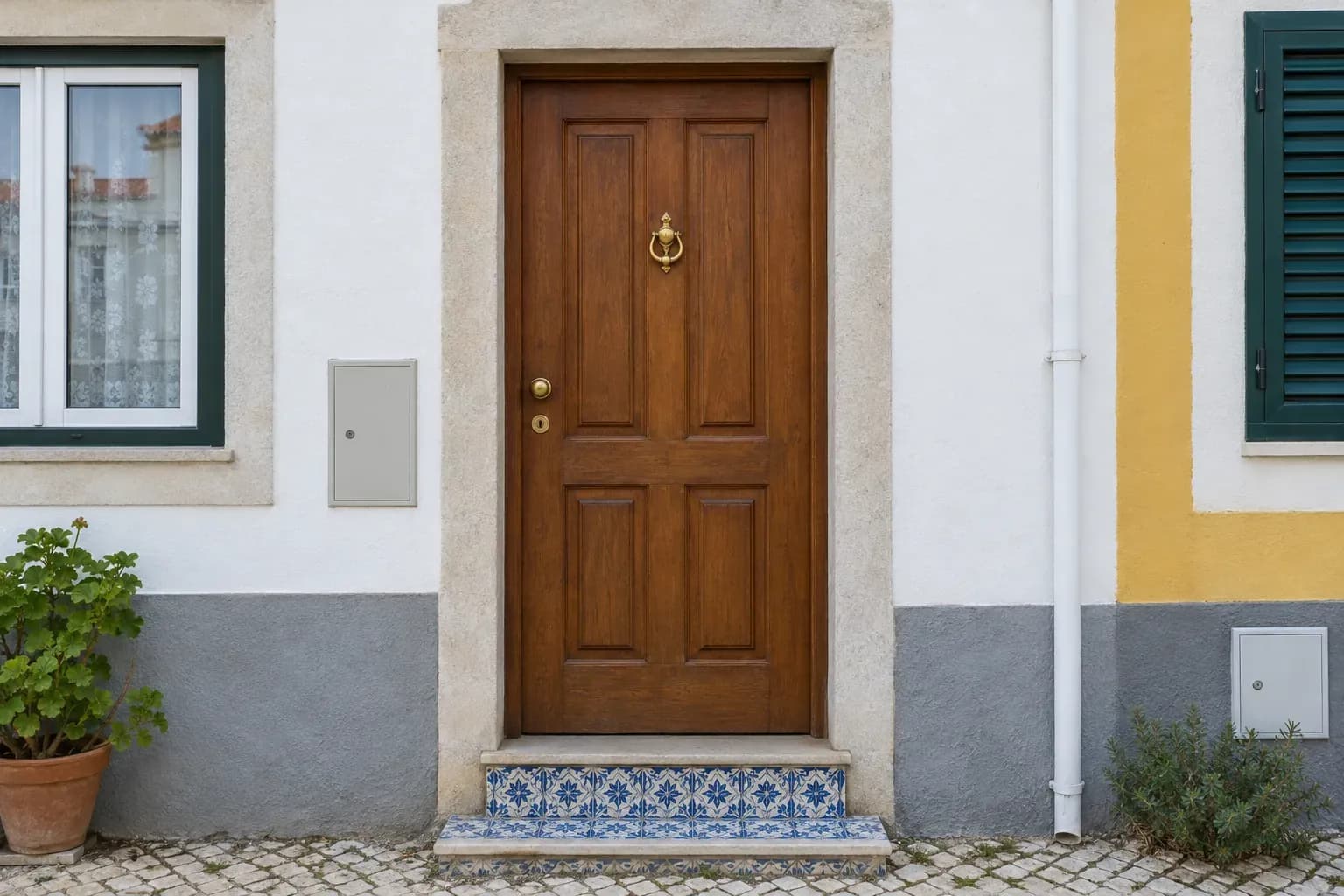 Porta de madeira castanha de uma casa de rua, com aldrava de latão e degraus de azulejo.