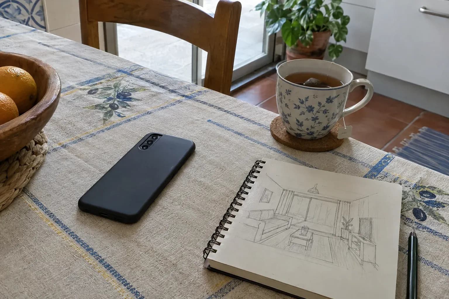 Telemóvel poisado numa mesa de cozinha, ao lado de um caderno com um esboço de uma sala.