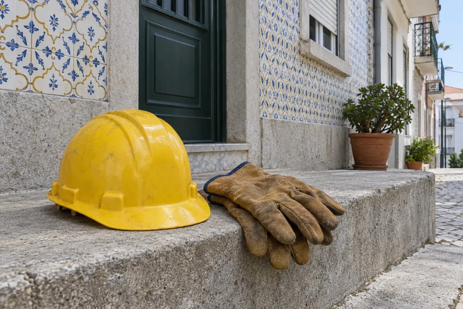Capacete amarelo e luvas de trabalho num degrau de pedra, à porta de um prédio com azulejos.