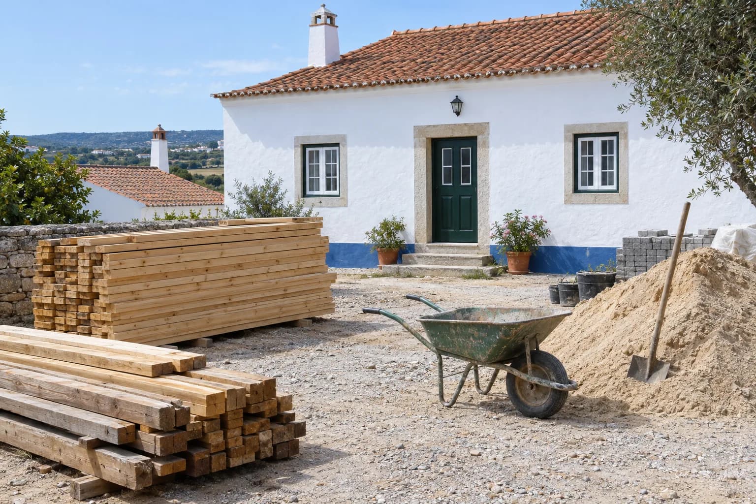 Madeira empilhada, uma casa caiada com telhado de telha e um monte de areia num terreno de obra.