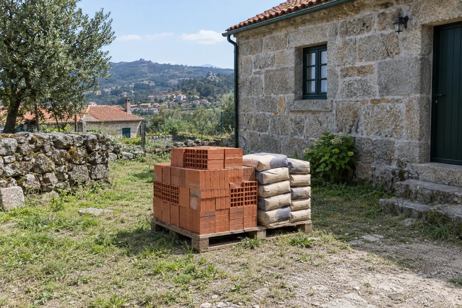 Palete com tijolos e sacos de cimento num quintal, ao lado de uma casa de pedra de granito.