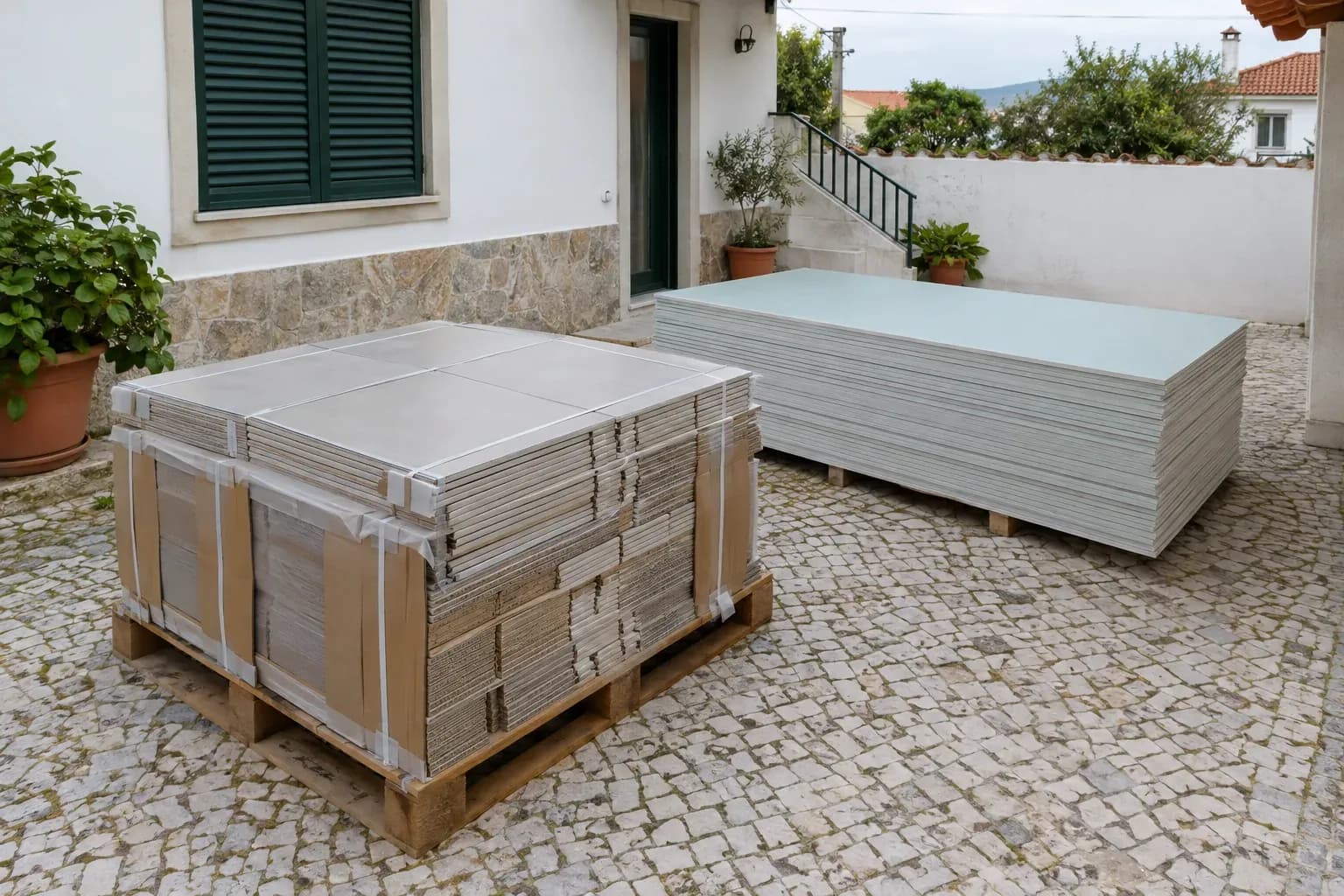 Paletes de placas de gesso e de pavimento num pátio de casa.