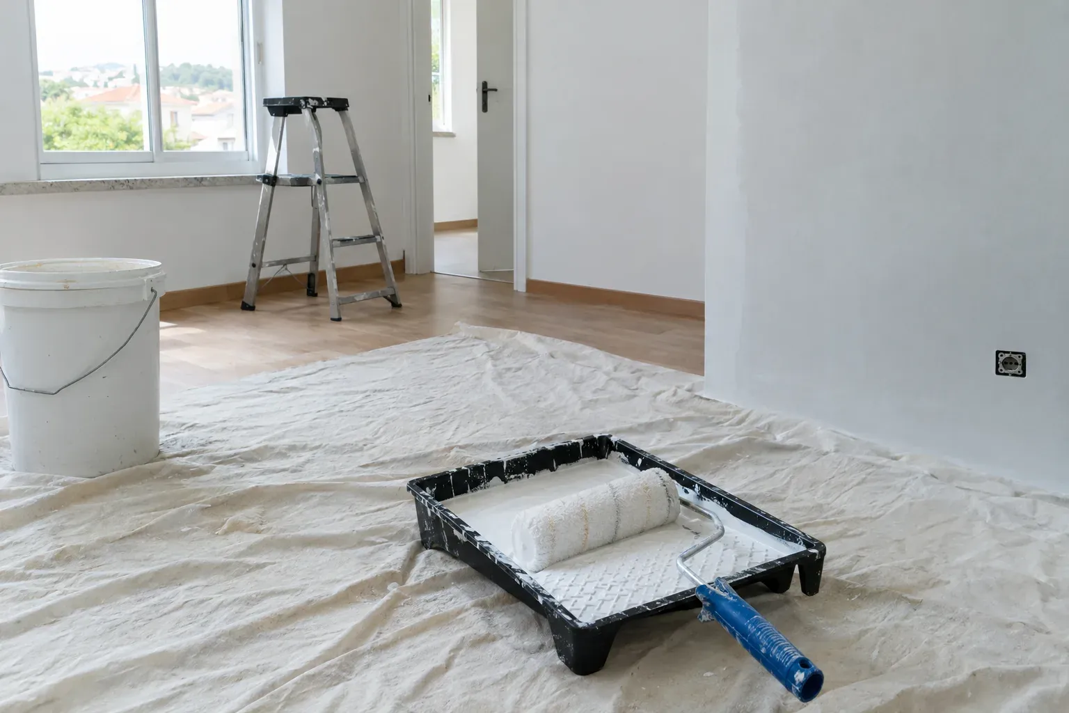 Rolo e tabuleiro de pintura sobre um pano de proteção numa sala em obra.