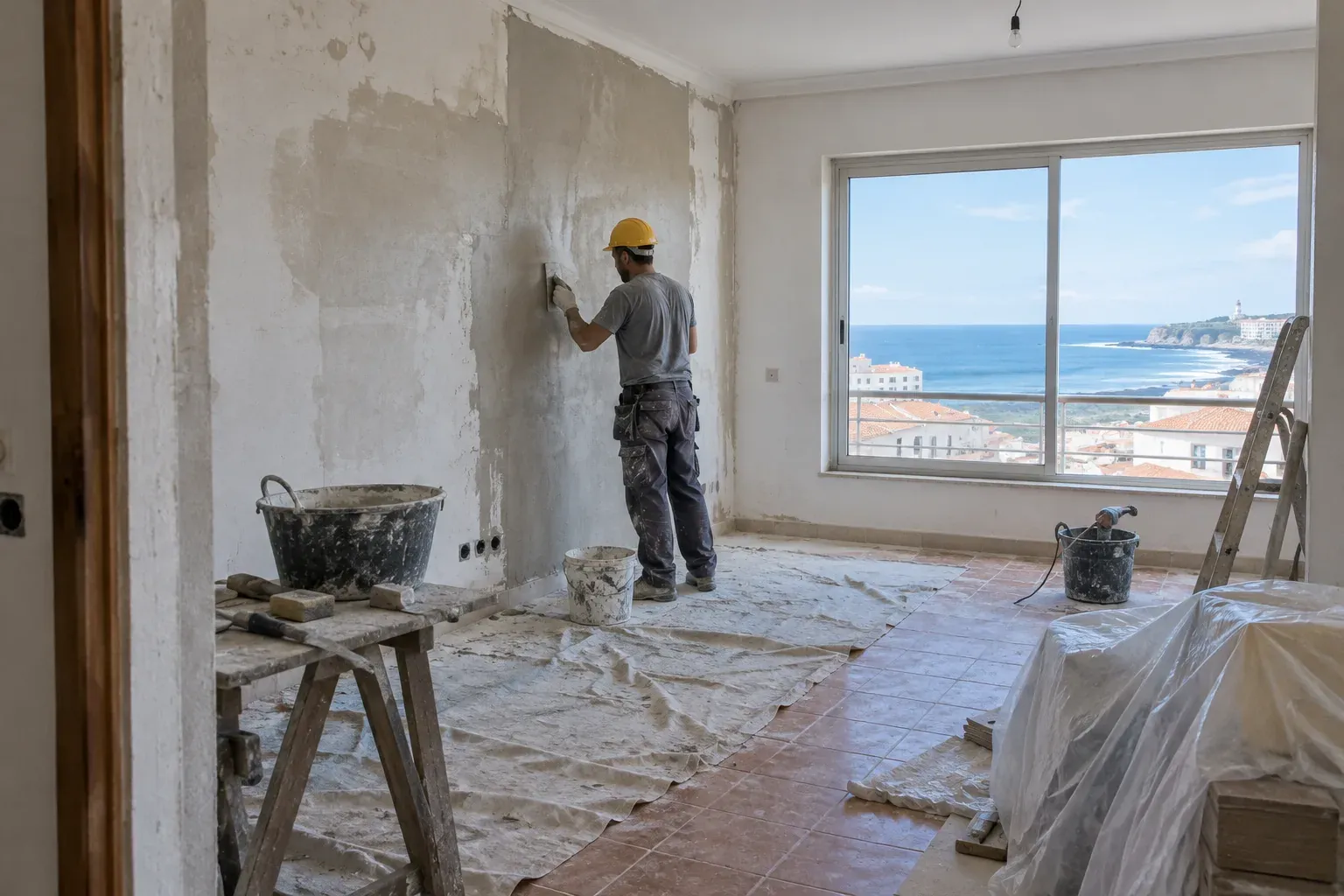 Profissional de capacete amarelo a alisar uma parede interior de um apartamento em obras.