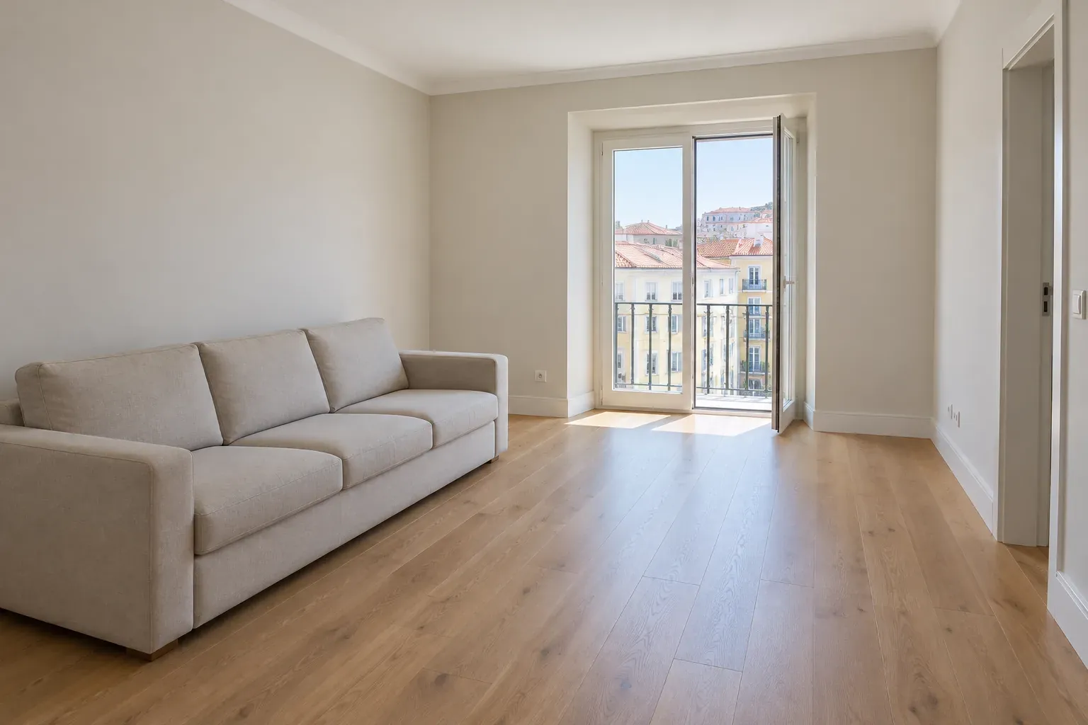 Sala com pavimento de madeira clara e um sofá bege, depois de obras.