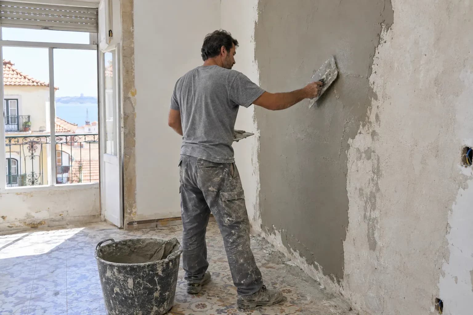 Profissional de roupa de trabalho a barrear uma parede interior de um apartamento, de costas para a câmara.