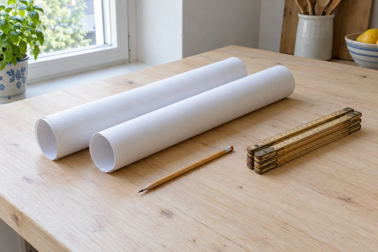 Duas plantas enroladas em papel branco, um lápis e uma régua articulada de madeira numa mesa clara.