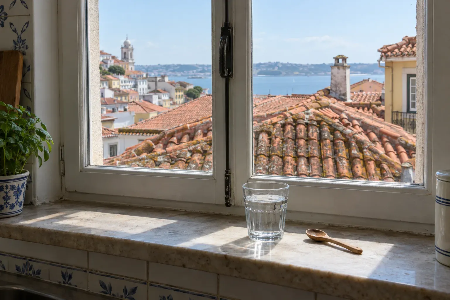 Janela de cozinha com vista para telhados de telha e o rio ao fundo, com um copo de água no parapeito.