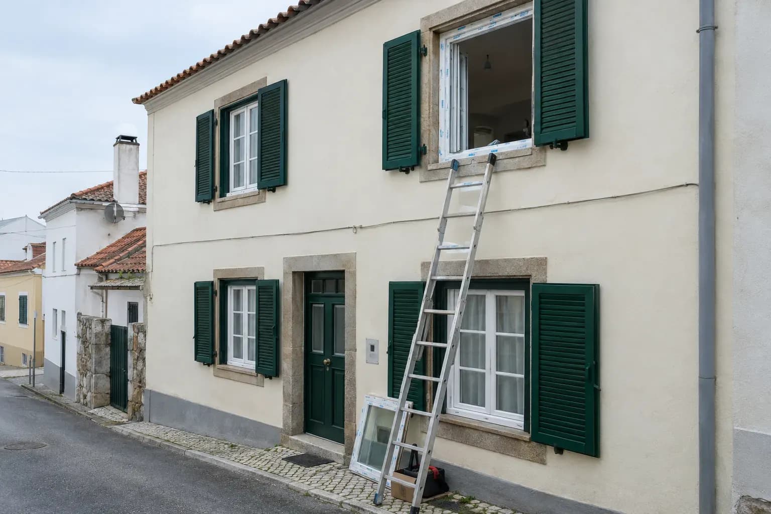 Fachada de uma moradia tradicional, com janelas e portadas verdes.