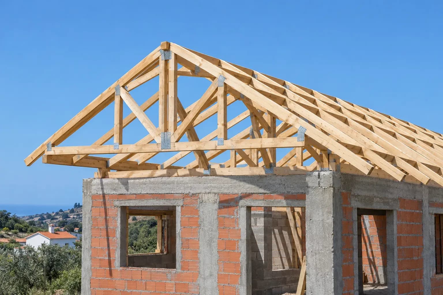 Estrutura de madeira de um telhado sobre paredes de betão e tijolo, numa casa em construção.
