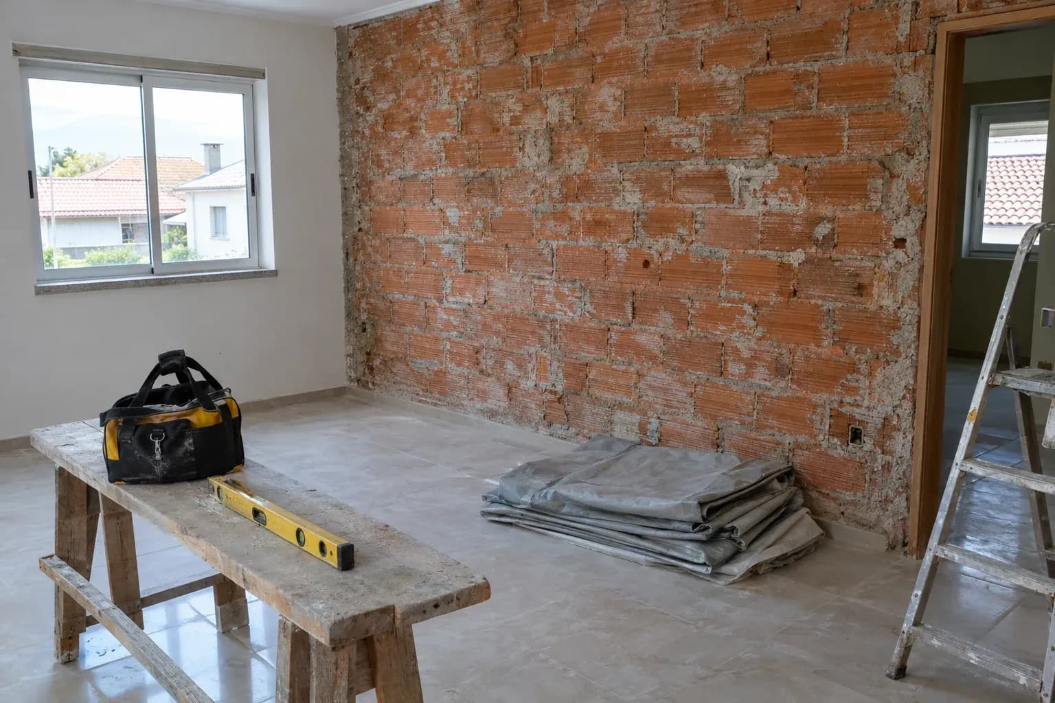 Divisão de uma casa em obra, com parede de tijolo à vista e um cavalete de trabalho.