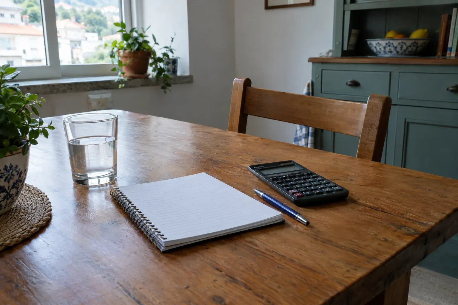 Mesa de madeira com um caderno, uma calculadora e um copo de água.