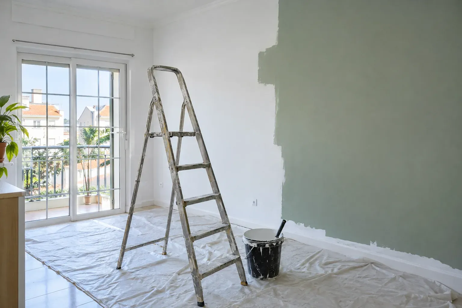 Divisão luminosa com uma escada e um balde junto a uma parede a meio da pintura.