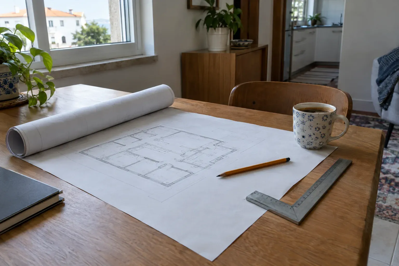 Mesa de trabalho com um projeto enrolado, um lápis e uma régua.